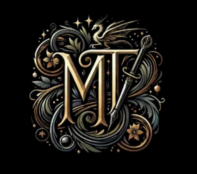 The letters MT in a gold flowy font with intricate details in the background including a dragon and a pen with a dagger hilt.