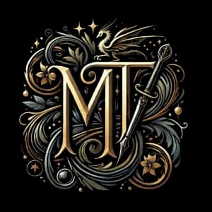 Mandy Tremelling logo - fantasy stylized 'MT' in the center, a fountain pen with a sword hilt next to the 'T' and a dragon on top of it, and swirling fern leaves in gold and blue steel all around. Stars dot the small empty spaces at the top and flowers pop from the corners of the letters.